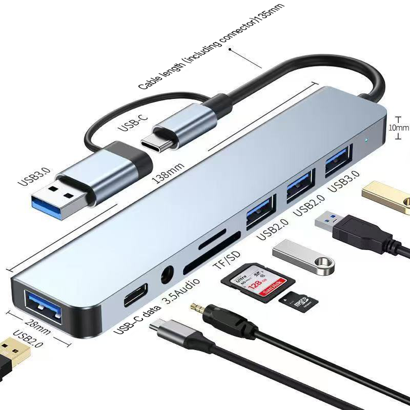 FUALLBOX Computer Docking Stations, Collect 8 Interfaces Including USB 2.0 *3, USB 3.0 *1, USB-C *1, 3.5 Audio *1, TF *1, and SD *1